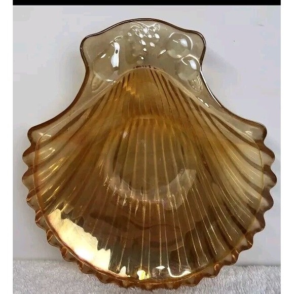 Vtg Shell Dish MCM Marigold Indiana Carnival Glass Amber Clamshell candy, coin - Picture 2 of 4